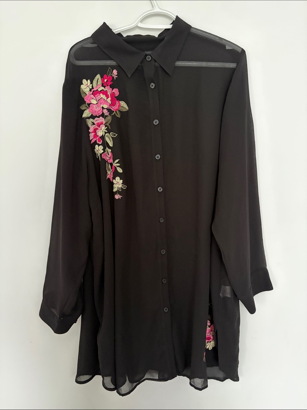 Black Button-Front Blouse with Pink Floral Embroidery
